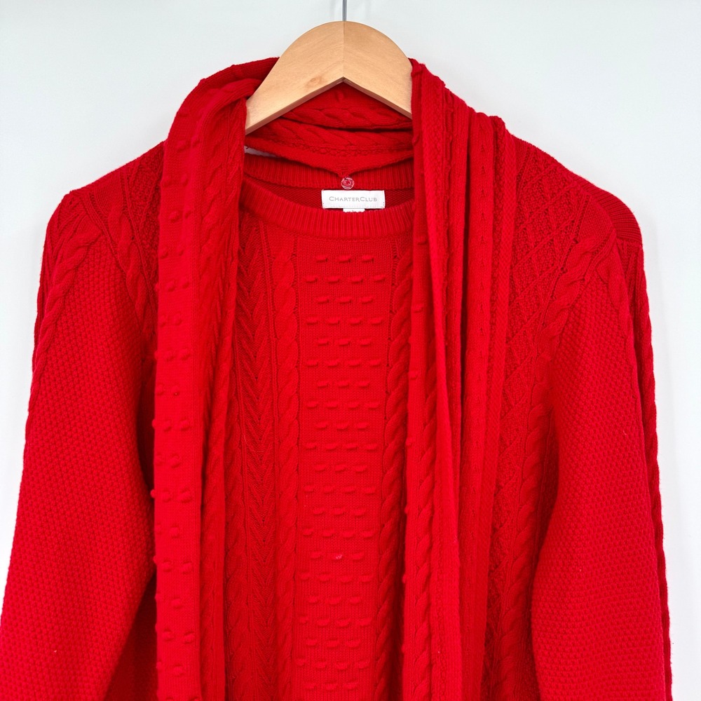Charter Club Womens Red Cable Knit Sweater with Detachable Scarf Large - Picture 2 of 11